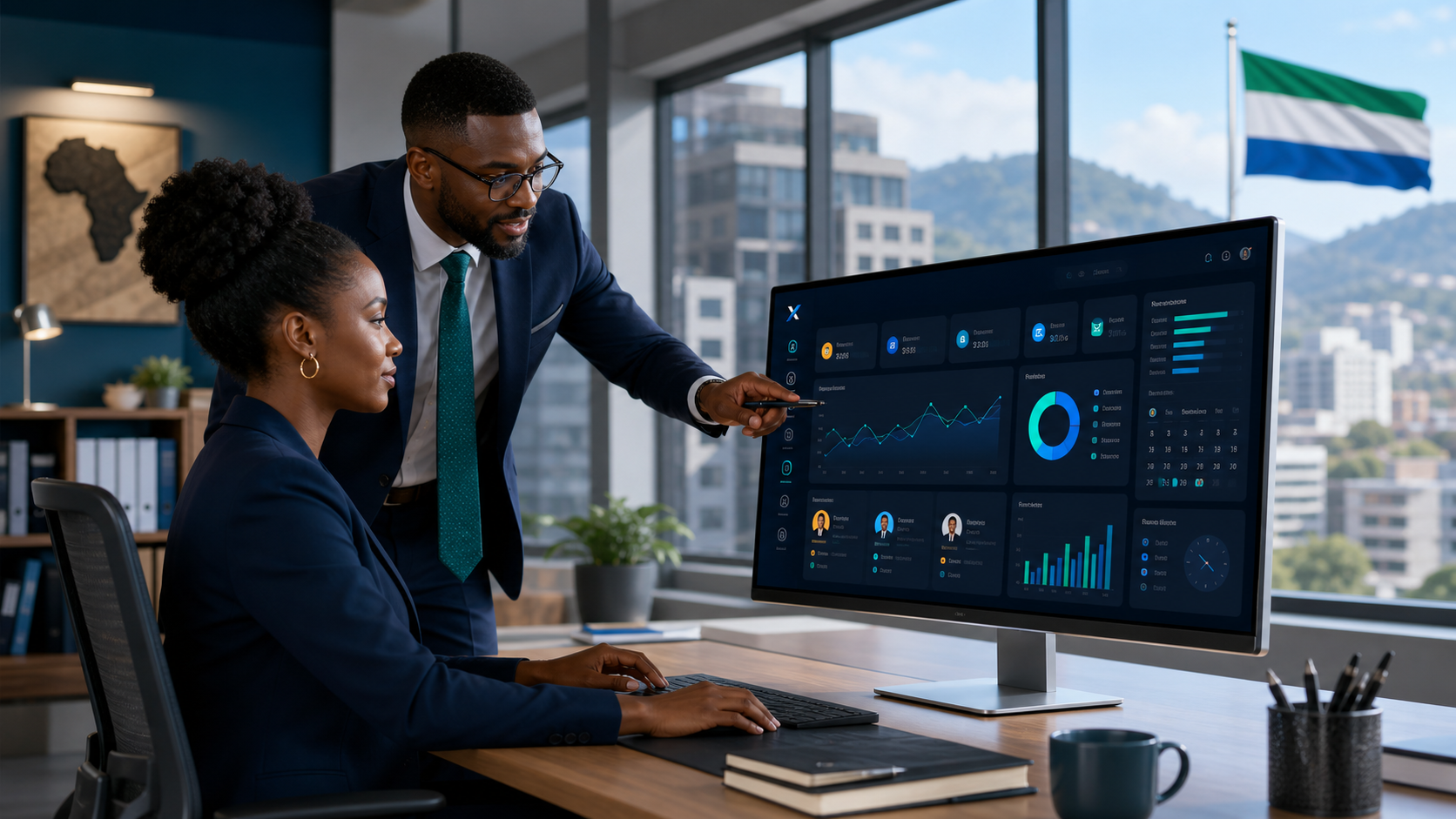 Professionals using Xendaq operations dashboard in an office